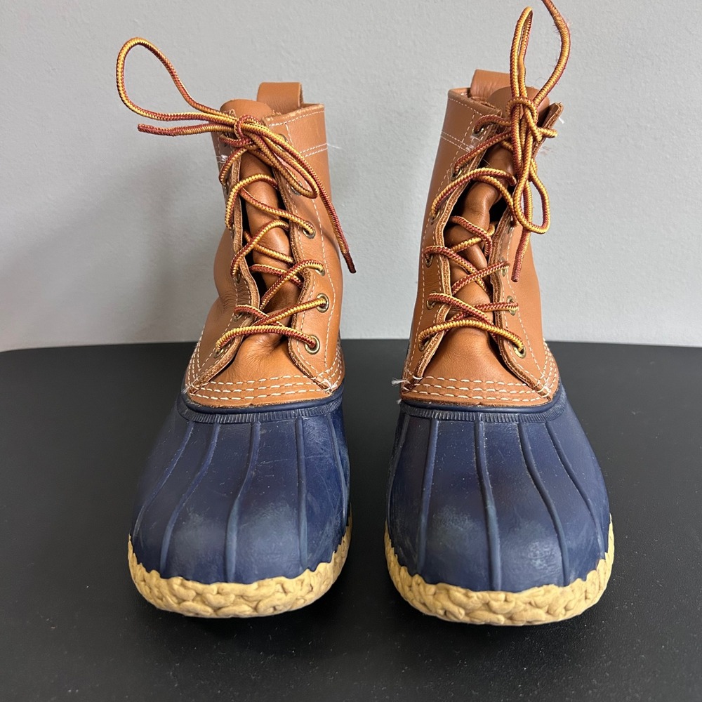 LL Bean Boots 6 Inch Navy Tan Leather Duck Boots Made in Maine Men 8 M Women 7 M